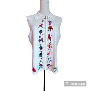Designers Originals Women’s M Christmas Sweater Vest Full Zip Embroidered Beaded